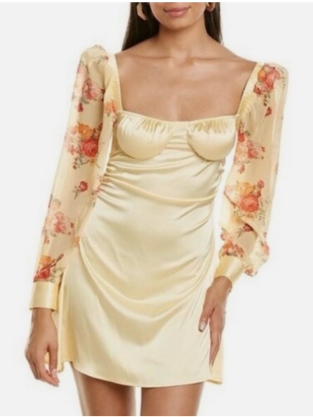 WeWoreWhat Danielle Bernstein Floral Satin Long Sleeve Mini Dress-Yellow- Size 0